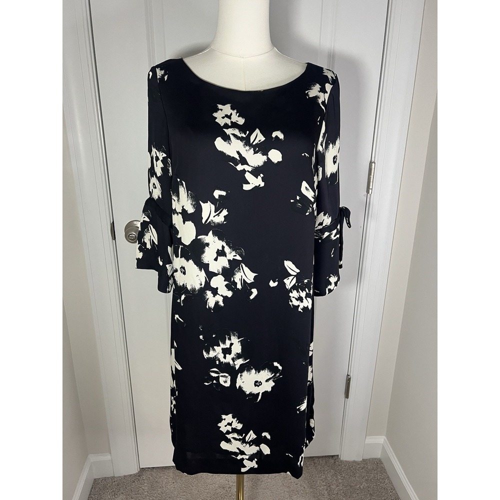 Women's H&M Knee Length Shift Dress 3/4 Sleeve‎ Floral Black White Size 8